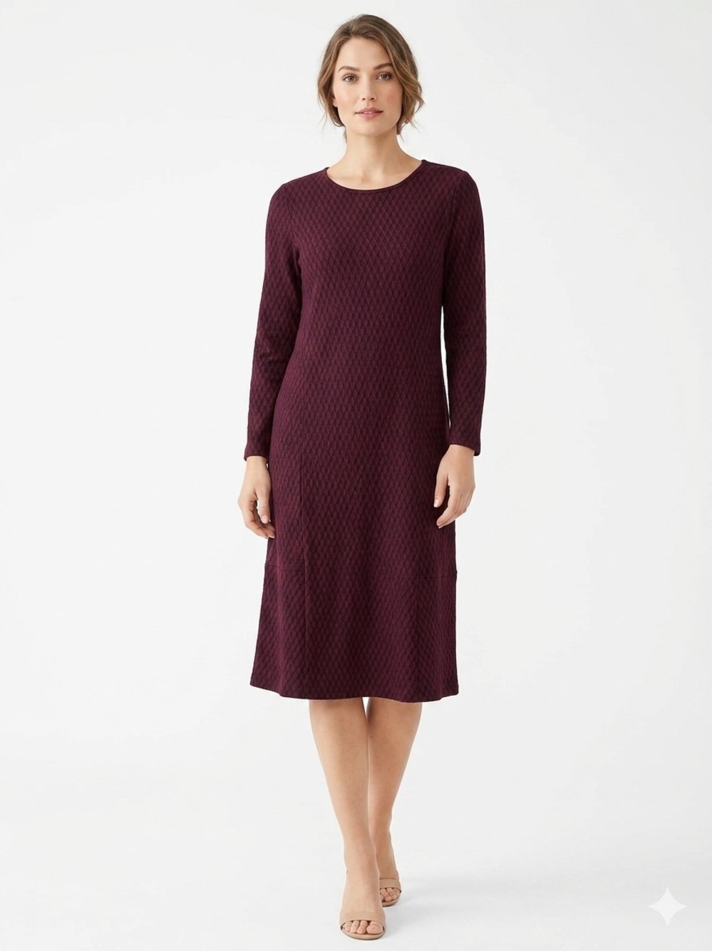 J. Jill NWOT Women's Knit Burgundy Long Sleeve Dress Diamond Pattern